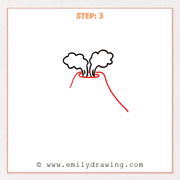 how to draw a cartoon volcano - Step 3 of how to draw a cartoon volcano adds a flat oval crater rim beneath the smoke and two long curved lines to outline the volcano sides.